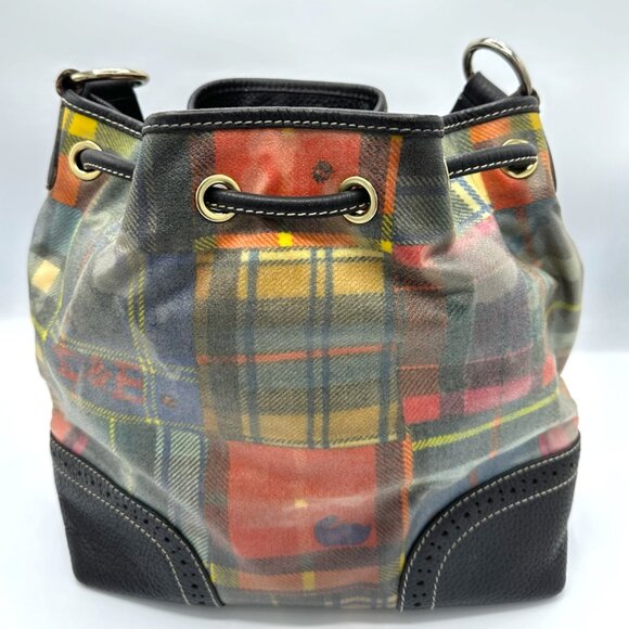 Y2K Dooney & Bourke Plaid Drawstring Shoulder Satchel Bag – Preppy Madras Print - Picture 4 of 16